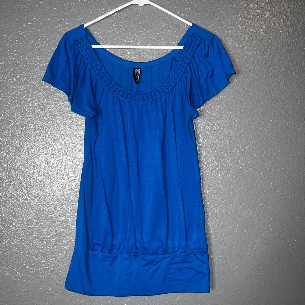 Weaver Blue Short Sleeve Tunic Top Women’s Small Smocked Neck Boho Style